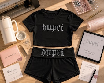 Custom Rhinestone Crop Tee & Fold Over Booty Shorts Set, Personalized Baby Tee Set, Gameday Set, Cheer Dance Team Outfit, Y2K Rhinestone Set