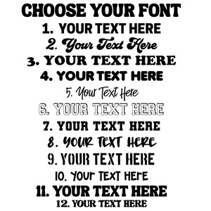 May include: A graphic showing 12 different font styles, each with the text "YOUR TEXT HERE". The fonts range from simple to decorative.