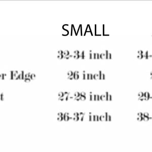 May include: A size chart for a bikini featuring a black silhouette of a triangle top and tie-side bikini bottom. The chart lists measurements in inches for Small, Medium, and Large sizes, covering Bust, Lower Edge, Waist, and Hip dimensions.