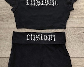 Custom Rhinestone Crop Tee & Fold Over Booty Shorts Set, Personalized Baby Tee Set, Gameday Set, Cheer Dance Team Outfit, Y2K Rhinestone Set