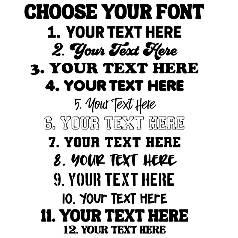 Op de afbeelding: Een grafiek met 12 verschillende lettertypen, elk met de tekst "YOUR TEXT HERE". De lettertypen vari&euml;ren van eenvoudig tot decoratief.