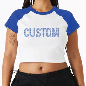 Rhinestone Custom Baseball Tee – Rhinestone Crop Top - Personalized Sparkle Tee, College Crop Top, Gameday Rhinestone Baby Tee, Bling Shirt