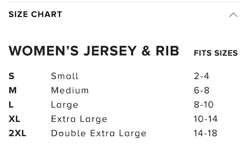 Op de afbeelding: Maattabel voor dames jersey en rib tops. De tabel toont de maat in letters (S, M, L, XL, 2XL) en de overeenkomstige Nederlandse dameskledingmaat (2-4, 6-8, 8-10, 10-14, 14-18).