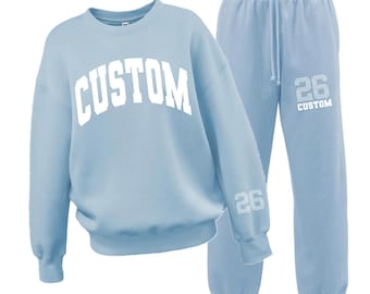 Custom Rhinestone Sweat Set: Light Blue Oversized Crewneck & Joggers