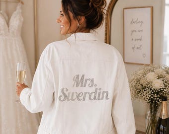 Custom Bride Denim Jacket | Custom Mrs Jean Jacket | Personalized Rhinestone Bridal Jacket | Wedding Jacket Bride | Bachelorette Gift |