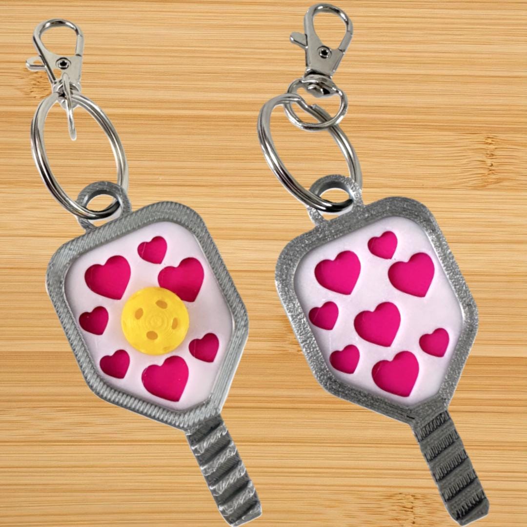 Valentines Day Pickleball Bag Tag Paddle with 3D Pickleball Charm - Purple, Teal or Hot Pink Hearts Silver Mini Pickleball Paddle Keychain
