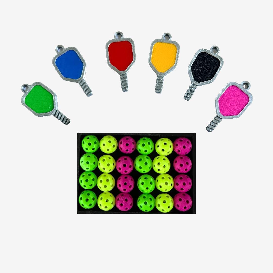 Mini Pickleball Paddles & Balls Variety Pack of 24 Mini Pickleballs 6 Mini Paddles Vibrant Yellow, Green, Hot Pink, Gold, Black, Red, Blue