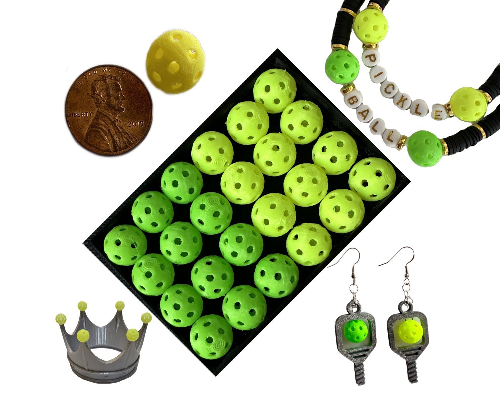 Mini Pickleball Bead Set: 24 Green & Yellow Plastic Charms (12mm) - Thumbnail 7
