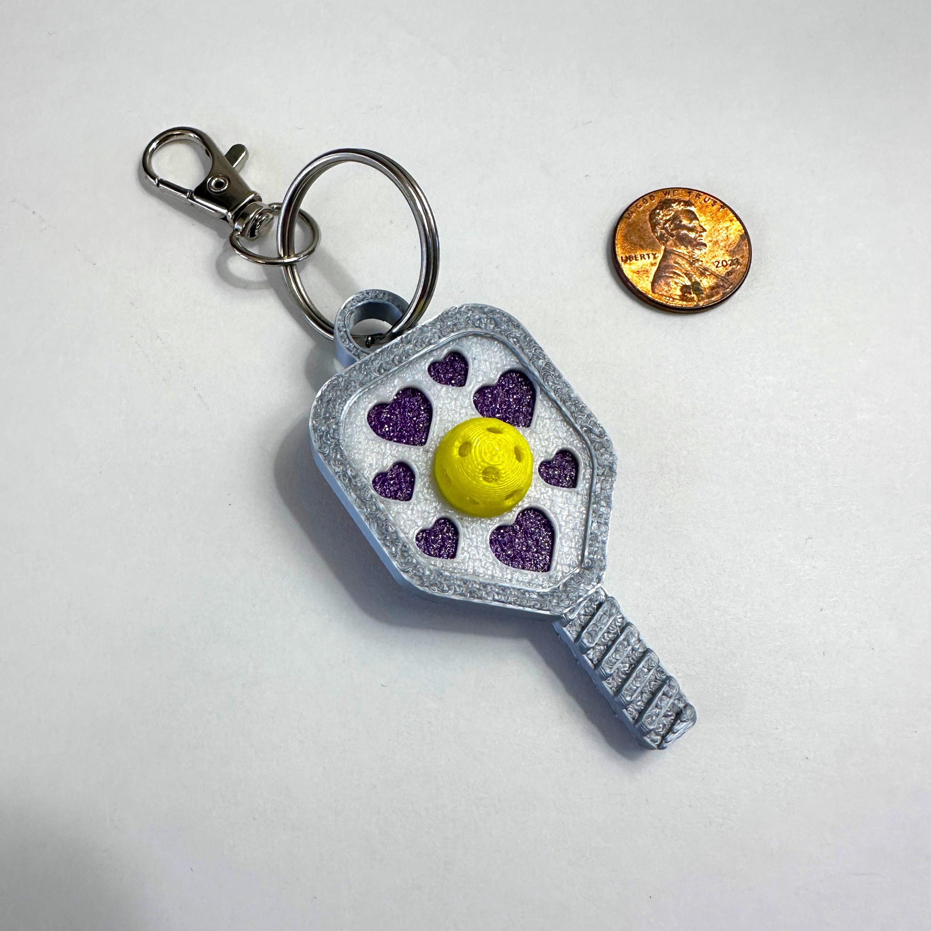 Valentines Day Pickleball Bag Tag Paddle with 3D Pickleball Charm - Purple, Teal or Hot Pink Hearts Silver Mini Pickleball Paddle Keychain - Thumbnail 7