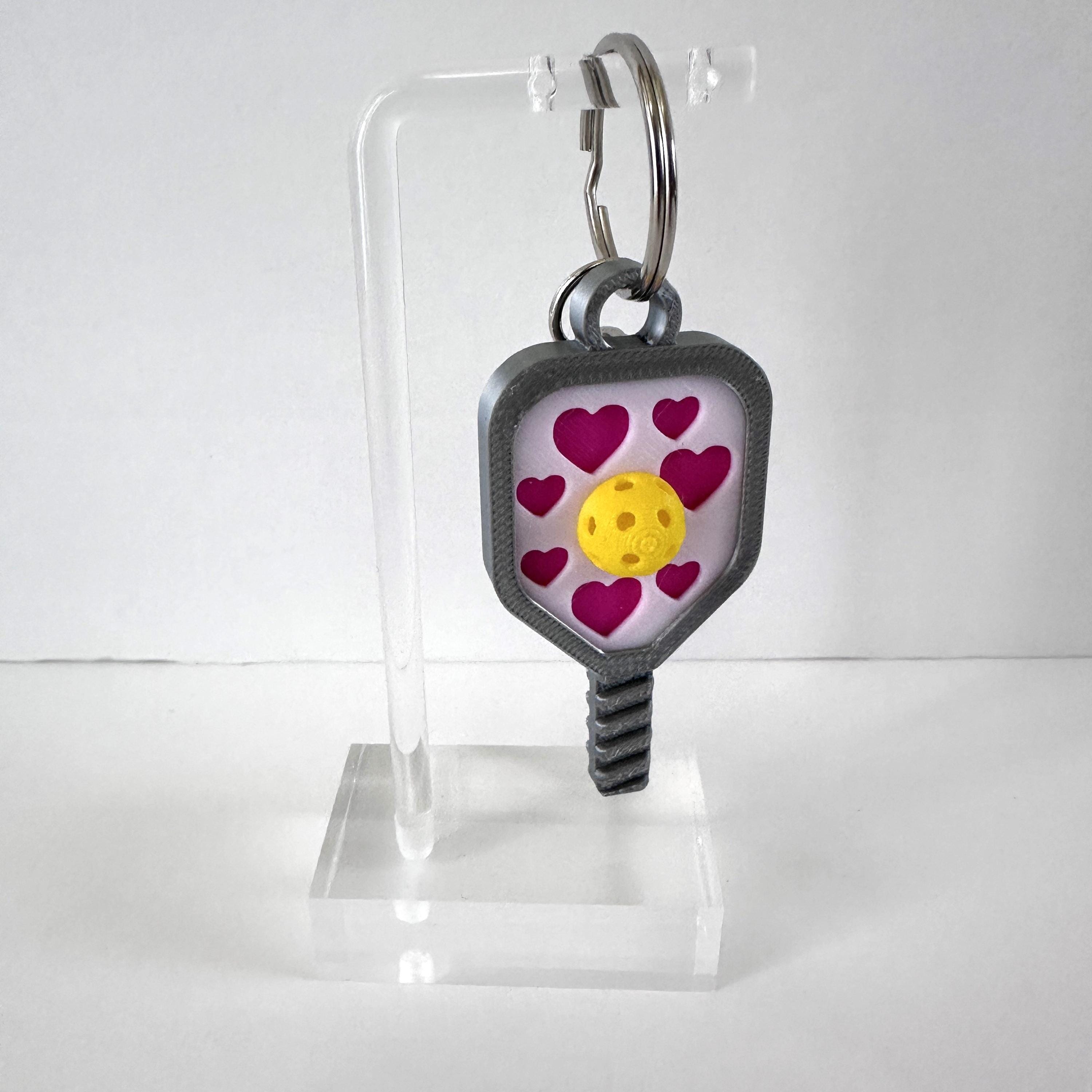 Valentines Day Pickleball Bag Tag Paddle with 3D Pickleball Charm - Purple, Teal or Hot Pink Hearts Silver Mini Pickleball Paddle Keychain - Thumbnail 2