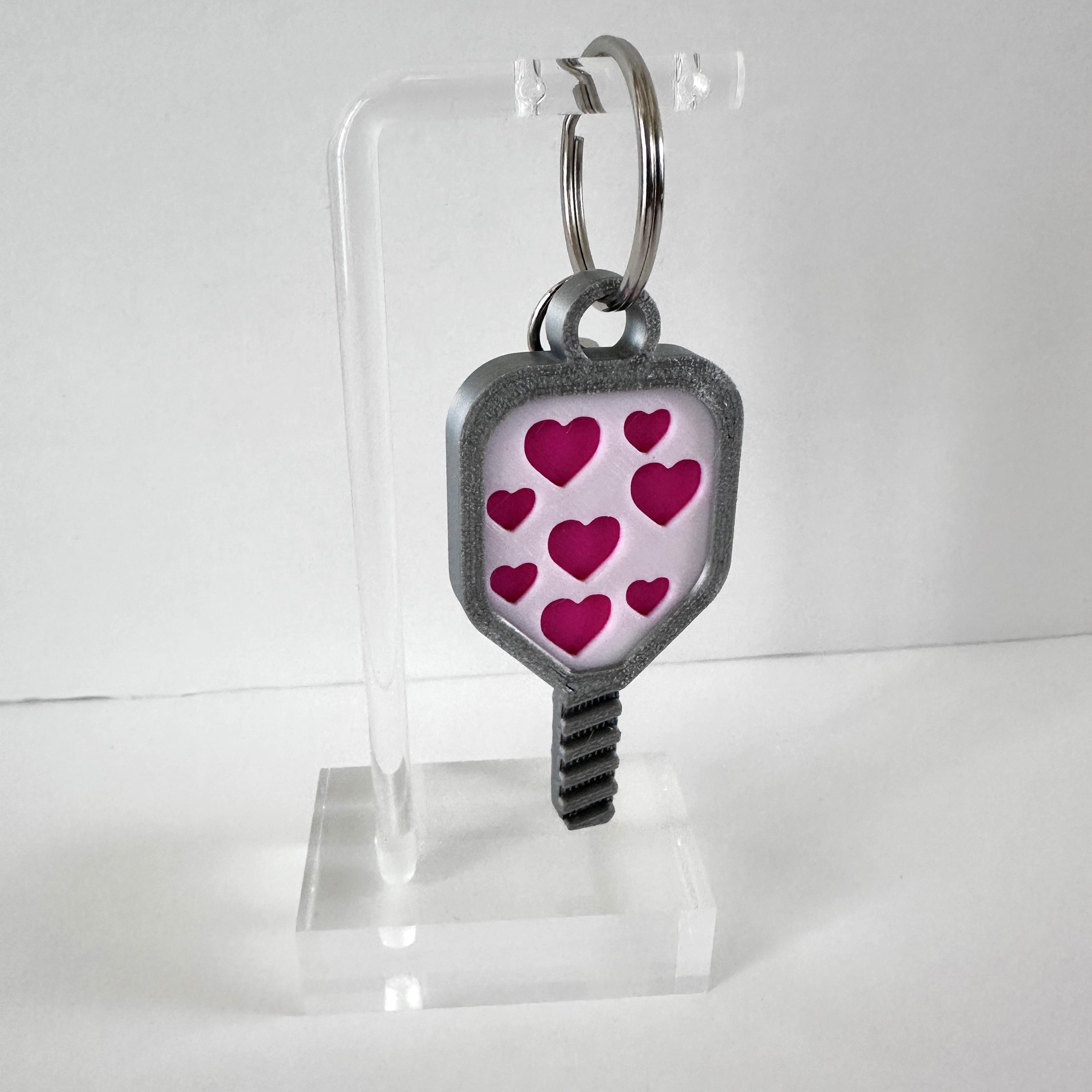 Valentines Day Pickleball Bag Tag Paddle with 3D Pickleball Charm - Purple, Teal or Hot Pink Hearts Silver Mini Pickleball Paddle Keychain - Thumbnail 3