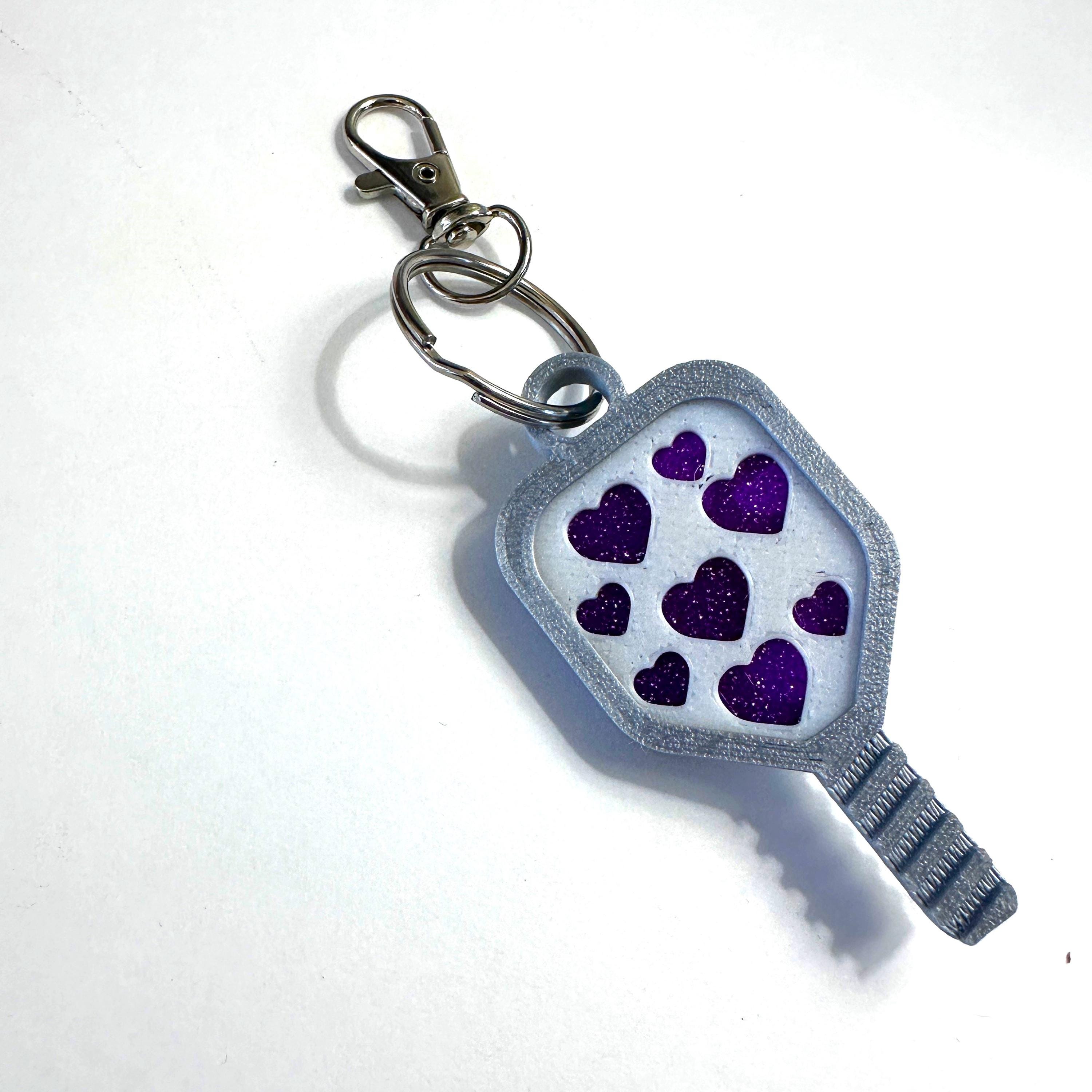 Valentines Day Pickleball Bag Tag Paddle with 3D Pickleball Charm - Purple, Teal or Hot Pink Hearts Silver Mini Pickleball Paddle Keychain - Thumbnail 6