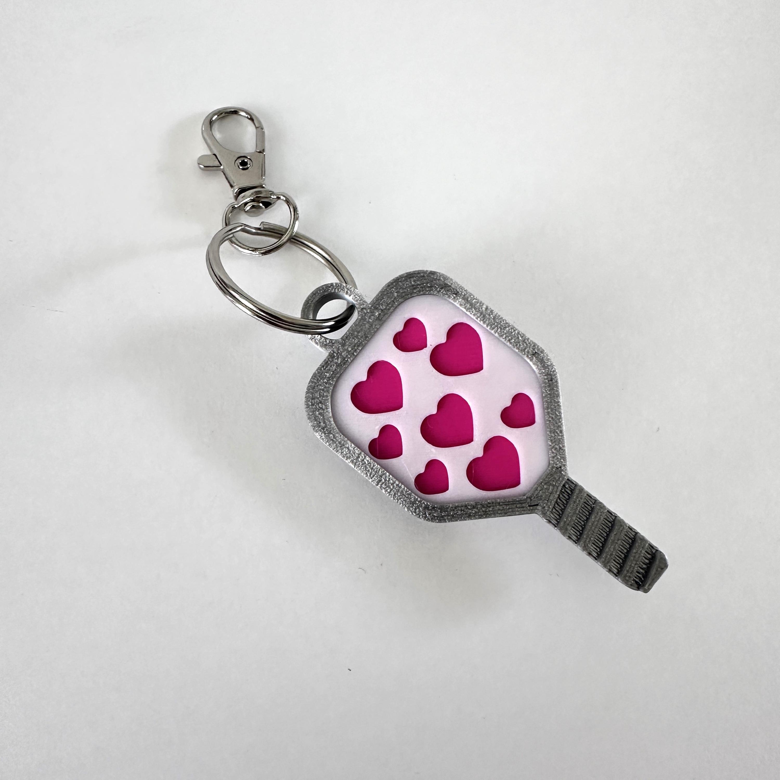 Valentines Day Pickleball Bag Tag Paddle with 3D Pickleball Charm - Purple, Teal or Hot Pink Hearts Silver Mini Pickleball Paddle Keychain - Thumbnail 5