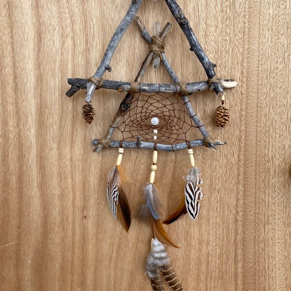 Quartz Crystals, Pine Wood + Aspen Wood Natural Dream Catcher | Double Triangle Dreamcatcher | Natural Rabbit Fur + Pinecones | Geometric