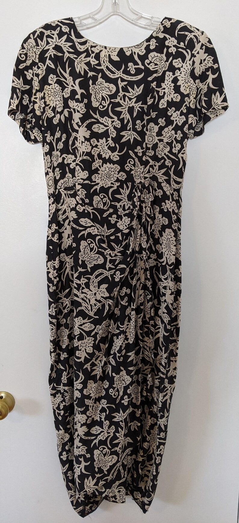 Midi Black and White Floral 100/% Silk Dress Evan Picone Sarong-style wrap front Size 8