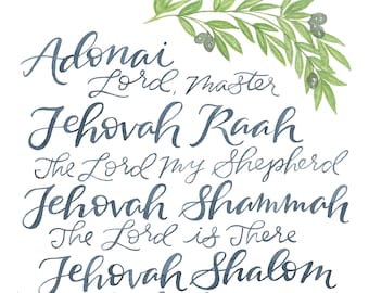 Adonai, Jehovah, Names of God Digital Print, Watercolor Calligraphy, DIGITAL DOWNLOAD