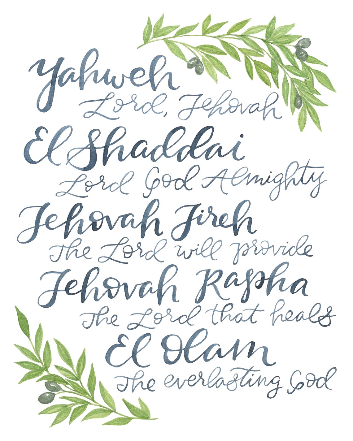 Yahweh, Jehová Jireh, Nombres de Dios Impresión Digital, Caligrafía en Acuarela, DESCARGA