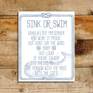 Nautical Baby Shower Sink or Swim Sign | Baby Shower Games | Ahoy! It&#39;s a Boy! | Baby Boy Shower | Watercolor Whale | Navy Blue