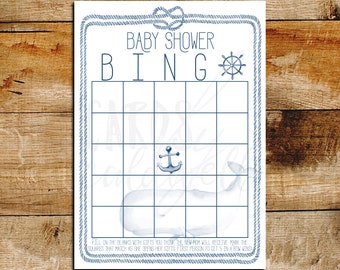 Nautical Baby Shower Bingo | Baby Shower Games | Ahoy! It's a Boy! | Baby Boy Shower | Watercolor Whale | Navy Blue