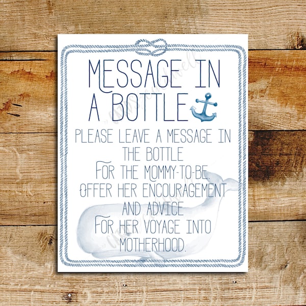 Nautical Baby Shower Message in a Bottle Sign | Baby Shower Games | Ahoy! It's a Boy! | Baby Boy Shower | Watercolor Whale | Navy Blue