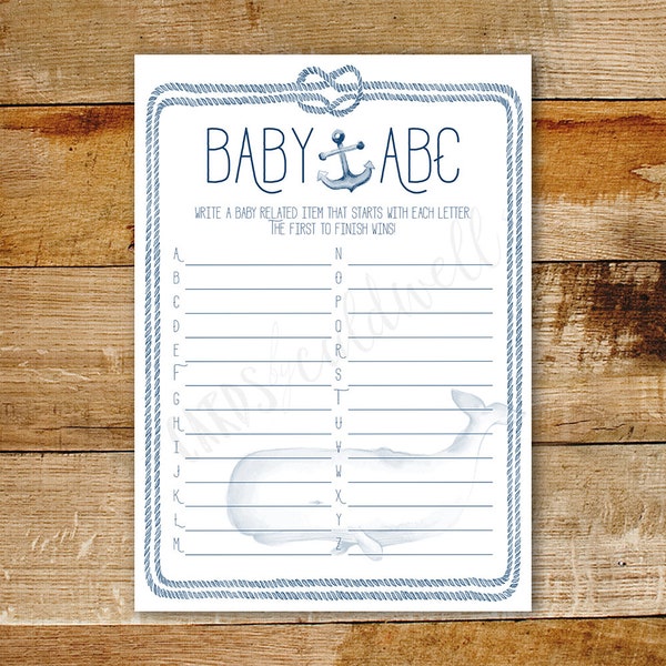 Baby ABC Nautical Baby Shower Game | Baby Shower Games | Ahoy! It's a Boy! | Baby Boy Shower | Watercolor Whale