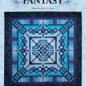 May include: A quilt pattern titled "FANTASY" with a finished size of 102 inches square. The quilt features a geometric design in shades of blue, teal, and purple. The pattern includes a central square with intricate details and a patterned border.