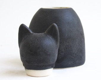 Large Matte Charcoal Cat Urn - urn for cat, black cat urn, pet urn, pottery cat urn, handmade cat urn