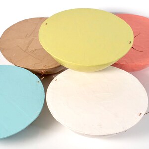 Pu&ograve; includere: Cinque ciotole rotonde in cartapesta di diversi colori: marrone chiaro, giallo, bianco, azzurro e rosa. Le ciotole sono impilate l'una sull'altra.
