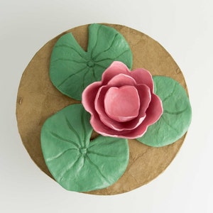 Pode incluir: Uma flor de l&iacute;rio d'&aacute;gua rosa com tr&ecirc;s folhas de l&iacute;rio d'&aacute;gua verdes sobre um fundo marrom.
