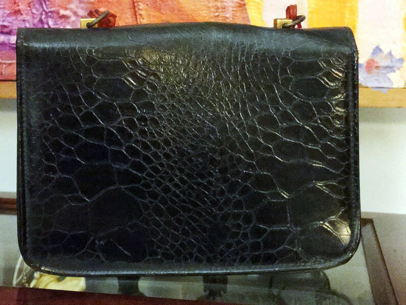 Vintage black VERDI EVENING HANDBAG with Bakelite Ring Handle and Amber Glass Decorative Buckle