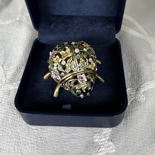 Enameled and Bejeweled Perforated Brass LADYBUG RING Trinket BOX