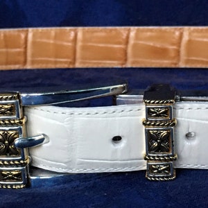 BRIGHTON 2-SIDED BELT Cream Ivory-Camel Crocodile Embossed Leather Silver-Gold Buckle B40242