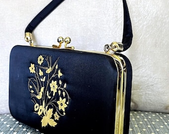 VINTAGE EVENING BAG /Purse/Clutch w Black Silk Gilded Brass Applique Decoration