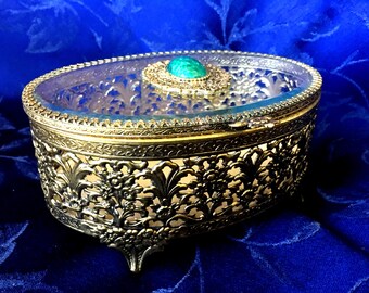 Victoriaanse FILIGREE SIERADENDOOS, oranjekleurige ijdelheidsdecor dressoir