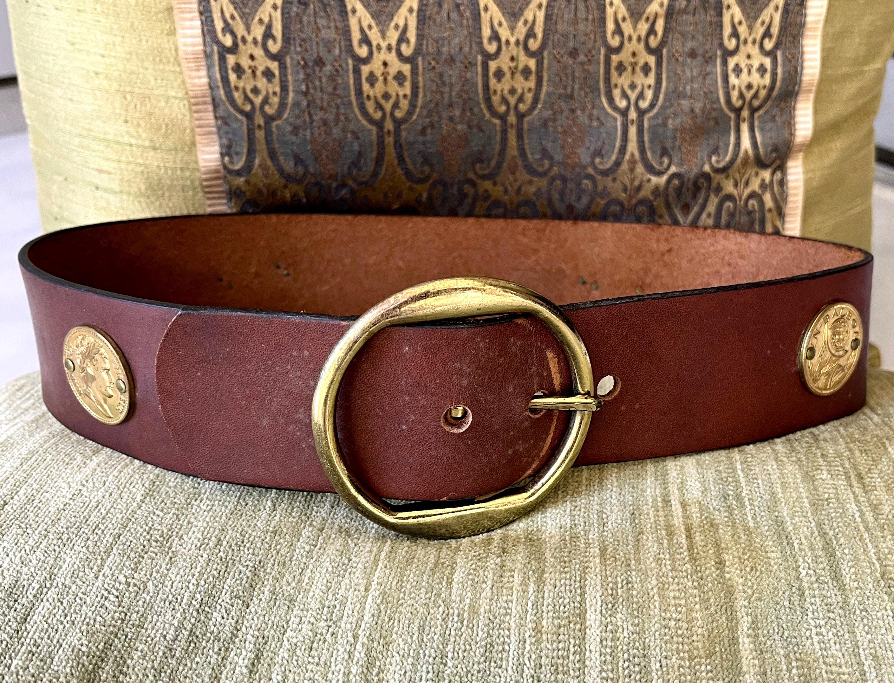Womens TAN Leather Thin Coin Belt Vintage Leather Napoleon Sz.L/XL Vintage Leather and Oriental Coin Belt, 60 Inches, Very  main image 3