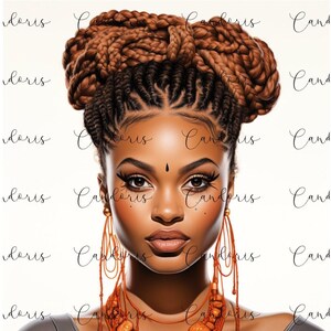 Op de afbeelding: Een portret van een vrouw met een bruine huid, die een grijs shirt en een lange oranje kralenketting draagt. Haar haar is gestyled in twee gevlochten knotten.