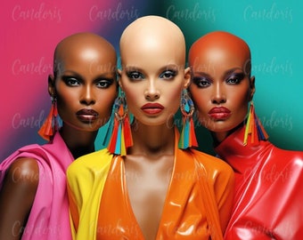 Rainbow Bald Divas Sisters - Bald Beautiful Black Diva Nubian Melanin Queen Pretty Bald Hairstyle PNG Designs Cricut Silhouette Cut Cutting