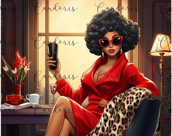 May include: An illustration of a woman in a red dress and sunglasses, seated in a black chair. She holds a black cup. A leopard print throw is draped over the chair. Red high heels and a desk with papers are also visible.