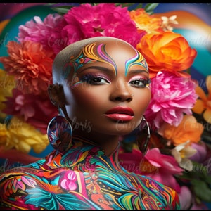 Diva calva con flores pintadas - Hermosa diva negra calva Reina de la melanina nubia Diseños PNG de peinados calvos bonitos Corte de silueta Cricut