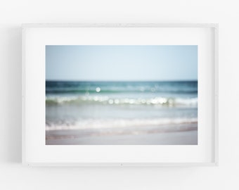 Abstract ocean waves, bokeh, beach decor, teal blue water, coastal summer wall decor