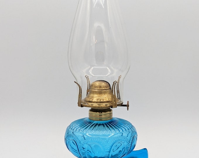 Vintage Imperial Glass, Blue Zipper Loop Kerosene Oil Lamp, Oil Lantern, Finger Oil Lamp, Hand