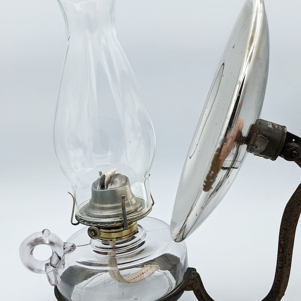 Antique Oil Lamp, Oil lantern, Wall Mount Bracket and Mercury Glass Reflector Sun Purpled Glass Finger Oil lamp, Victorian Era Ca 1880-1890