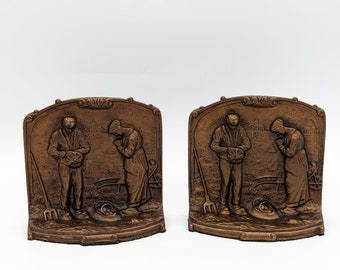 Antique Art Nouveau Ca 1910 Bronzed Cast Iron Book Ends French Image by Jean Francois Millet Titled The Angelus Prayer at Harvest Ca 1859