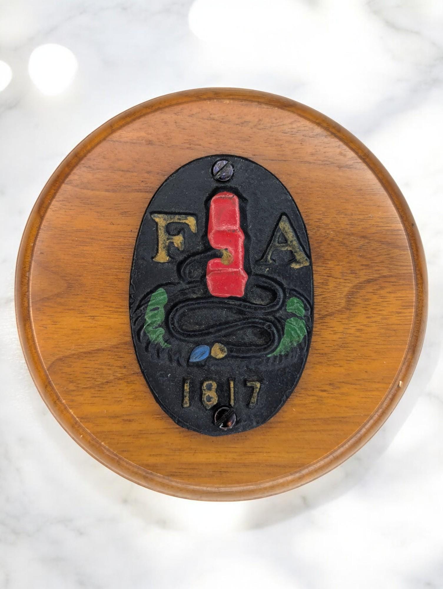 Vintage Cast Iron Fire Mark on Oak Plaque: Fire Insurance Badge