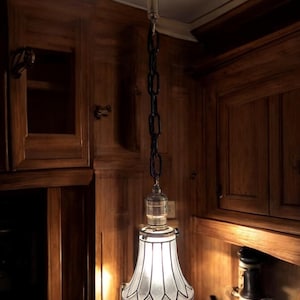 Vintage Art Nouveau Brass Pendant Light: Frosted Tulip Shade, 1920s
