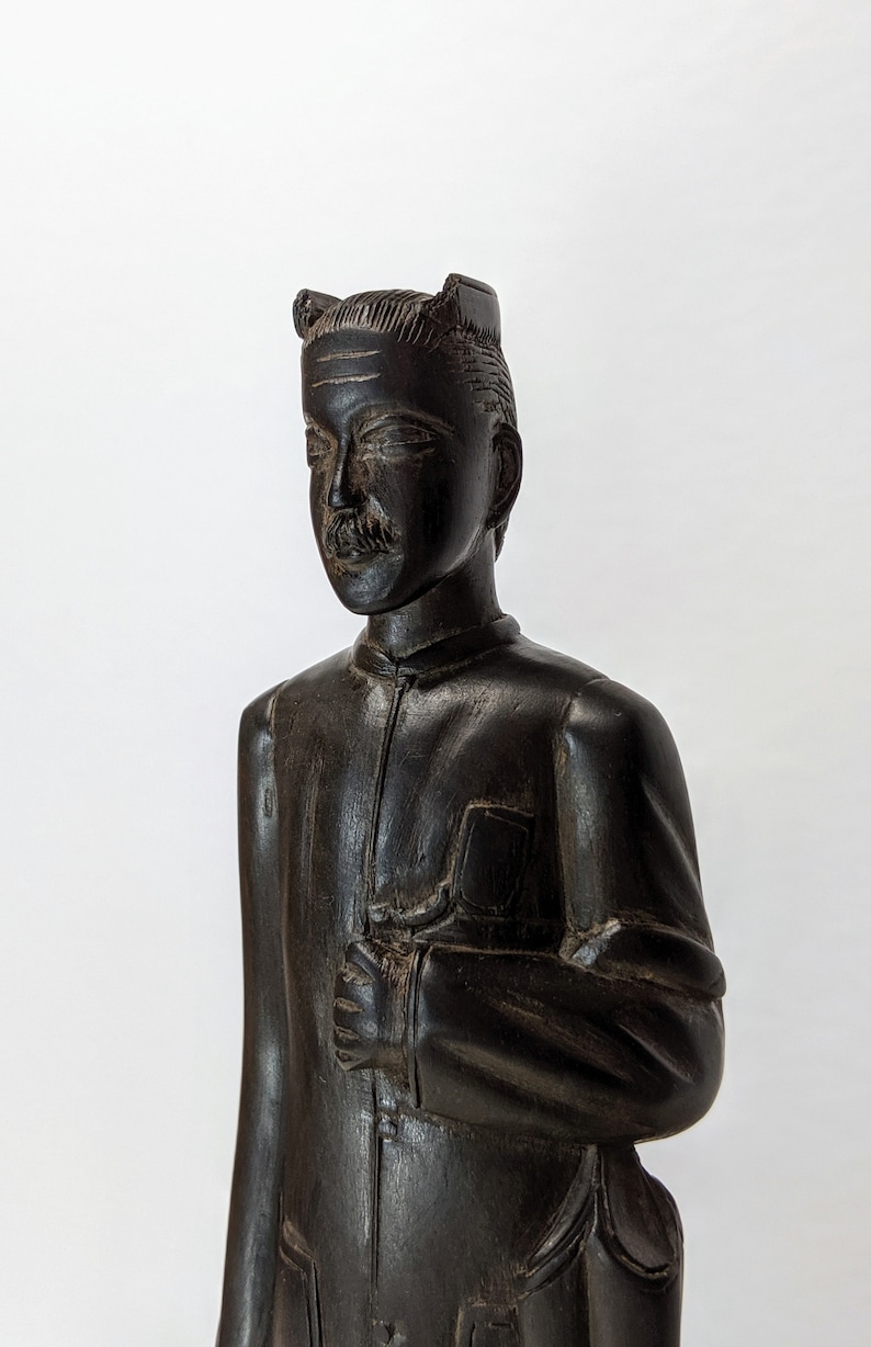 Antique Folk Art Wood Carving of a Man Holding an Umbrella in Traditional Dress Clean Hand Carved from Zitan Wood British Burma 1930-1940