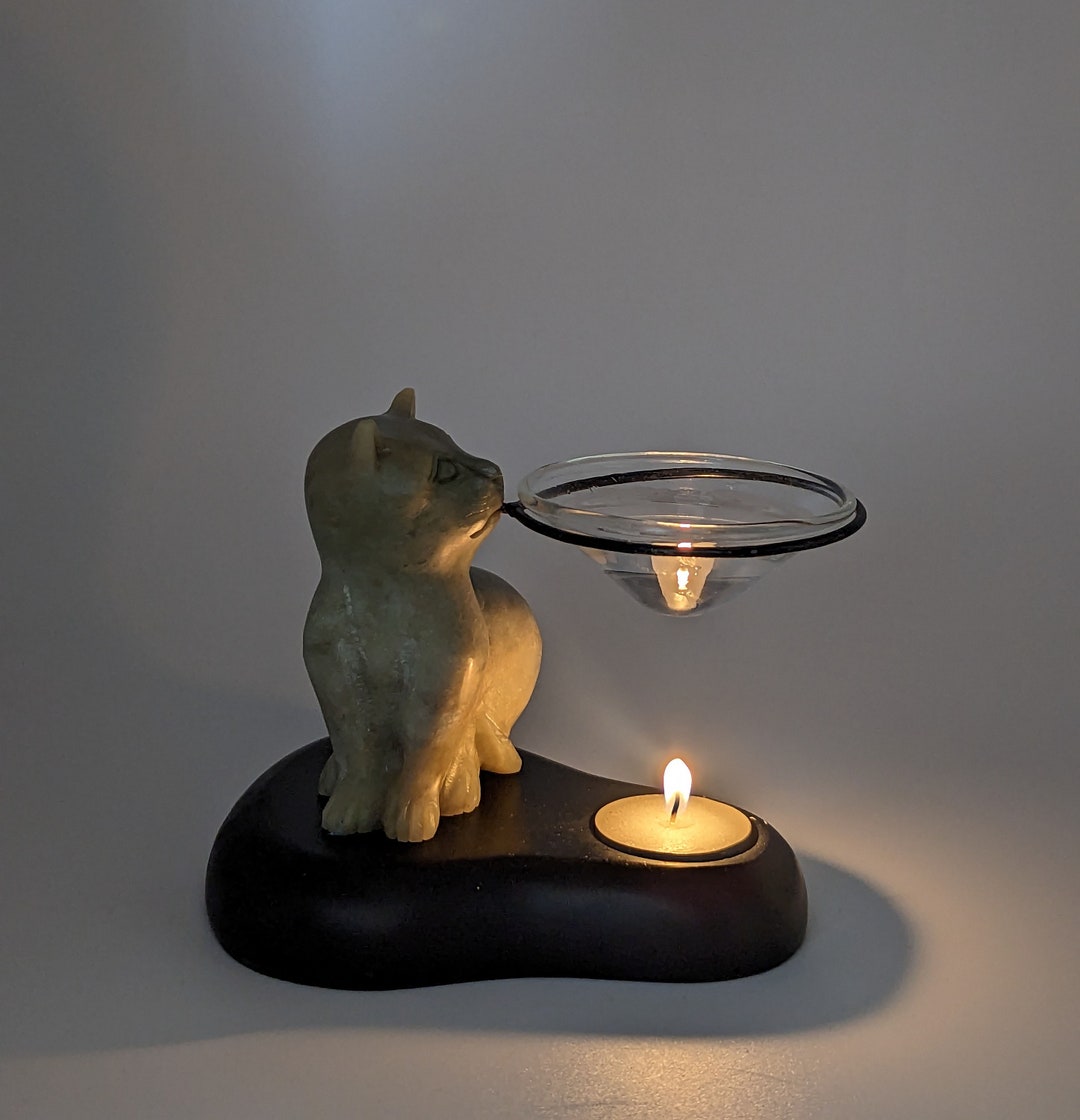 Vintage Jade Cat Oil Diffuser, Hand Carved Jade Cat With Black Marble