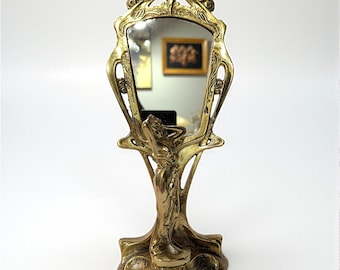 Vintage Art Nouveau Vanity Mirror: Solid Brass Nymph Tabletop Mirror