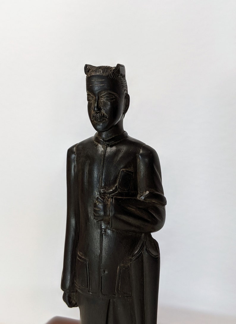 Antique Folk Art Wood Carving of a Man Holding an Umbrella in Traditional Dress Clean Hand Carved from Zitan Wood British Burma 1930-1940