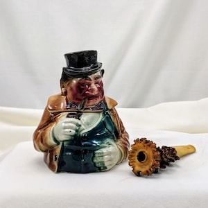 Antique Austrian Porcelain Tobacco Humidor, Tobacco jar with Antique Stag Horn Antler Cigarette Holder 1900 1920 Tobaccocina, Vintage Pipe.